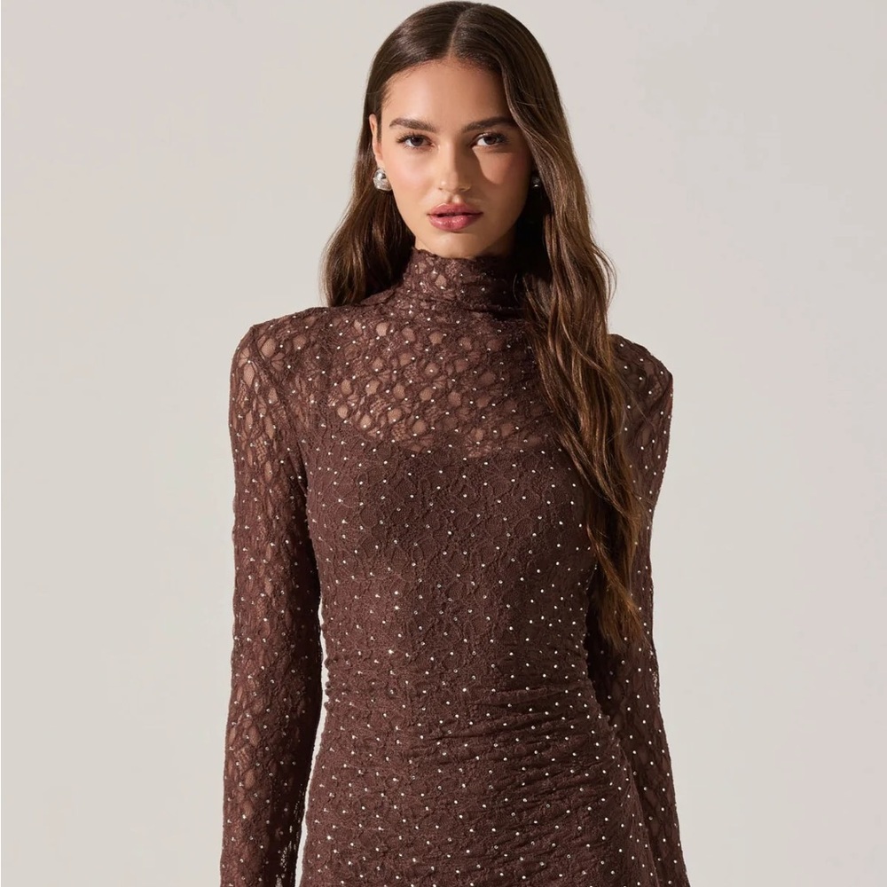 Astr Chocolate Brown Long Sleeve Lace Dress